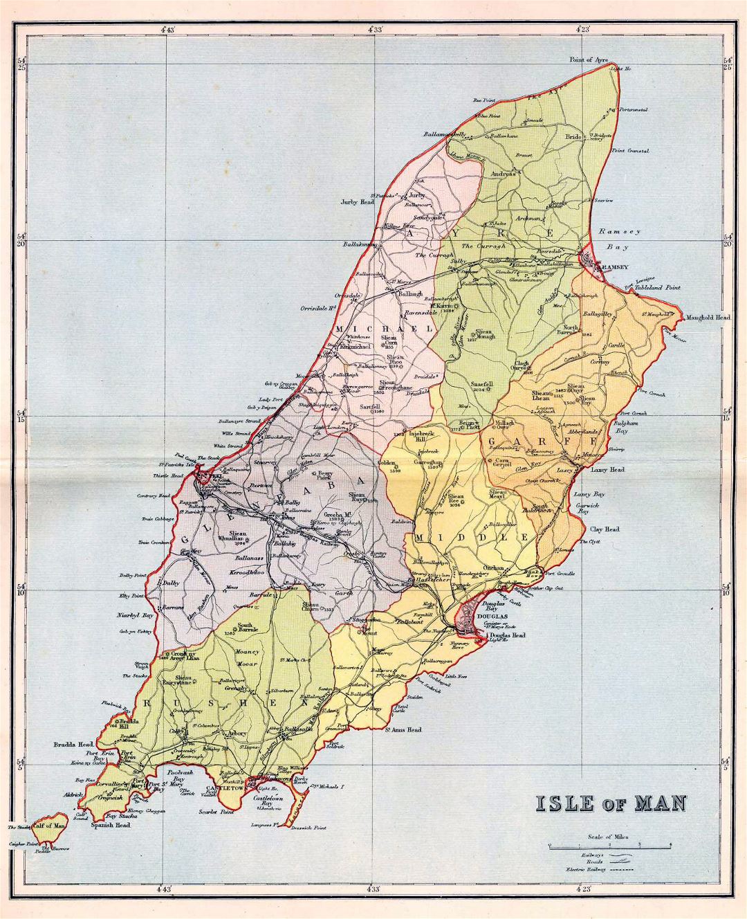Большая детальная старая административная карта острова Мэн