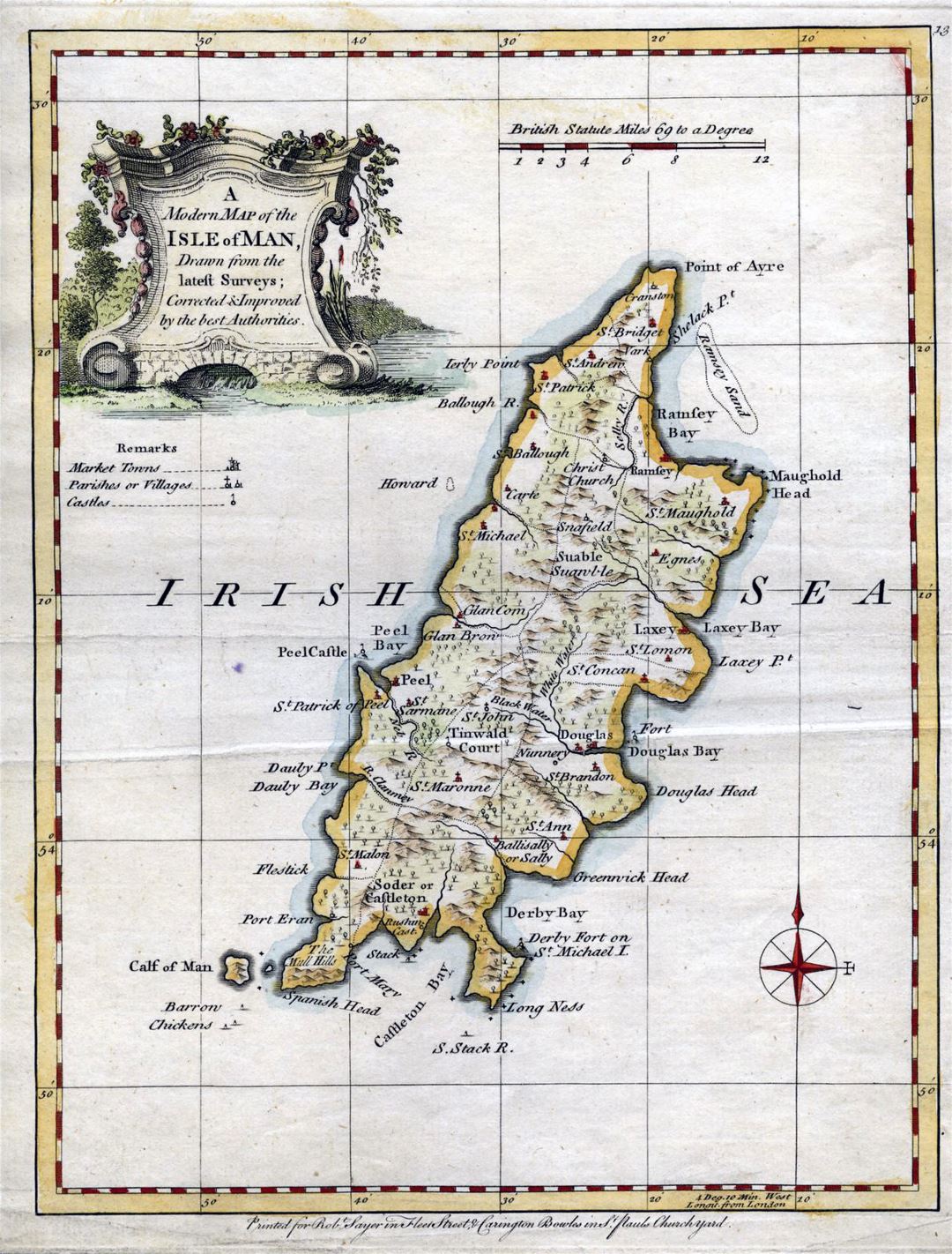 Большая детальная старая карта острова Мэн с рельефом и городами
