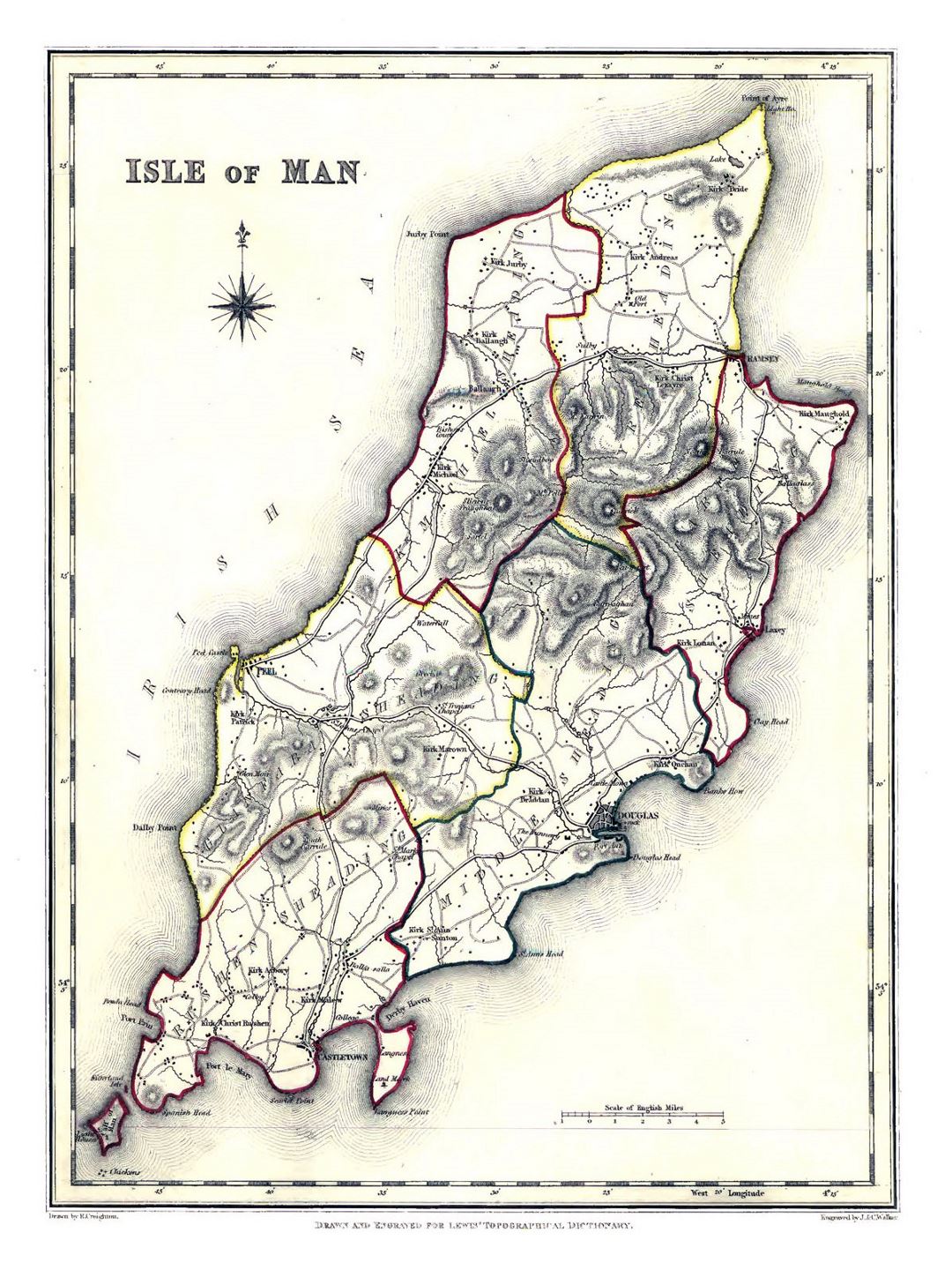 Большая старая административная карта острова Мэн - 1848