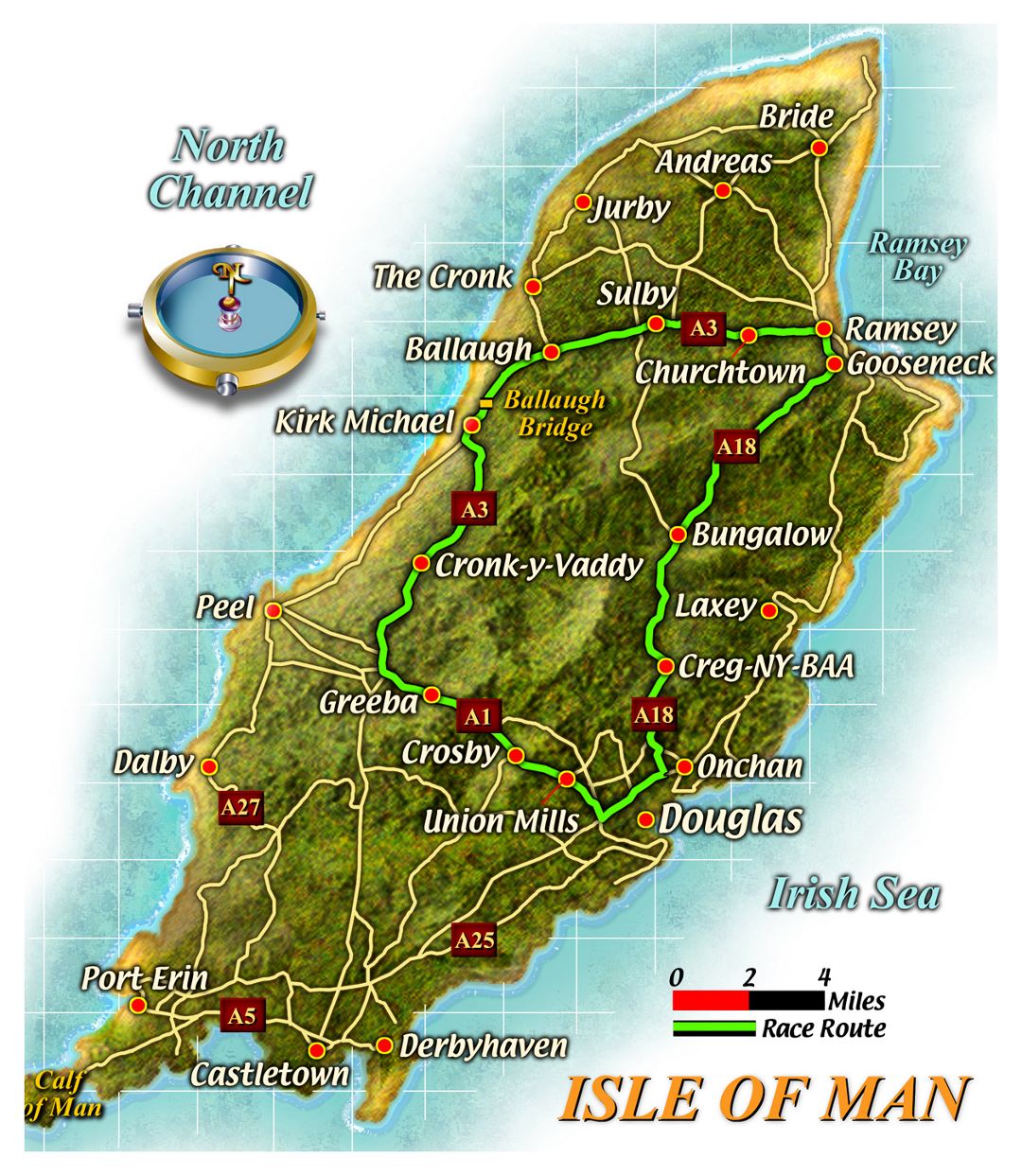Большая карта дорог острова Мэн с городами