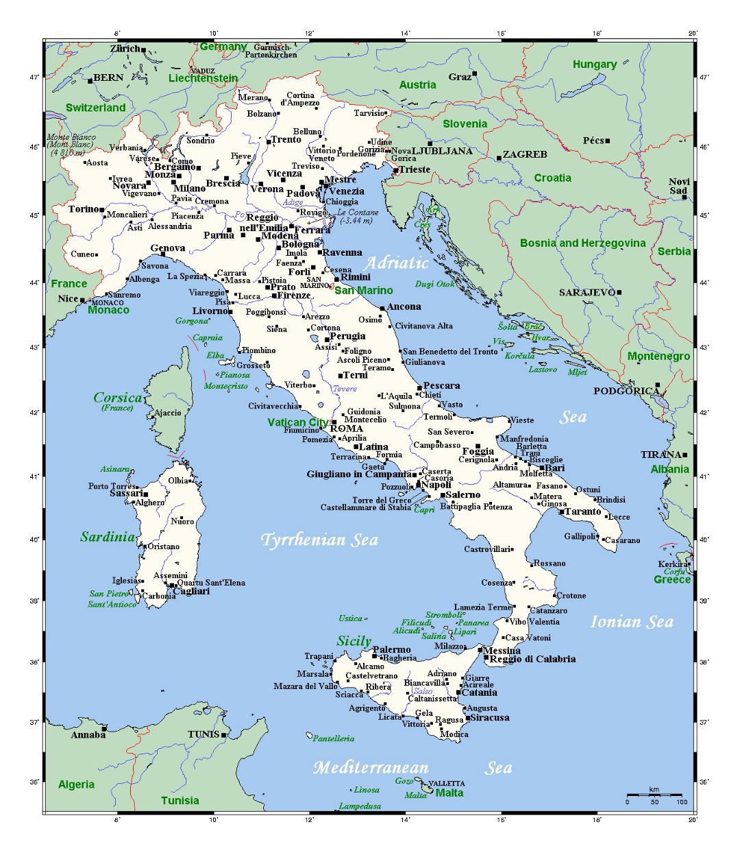 Детальная карта Италии с крупными городами
