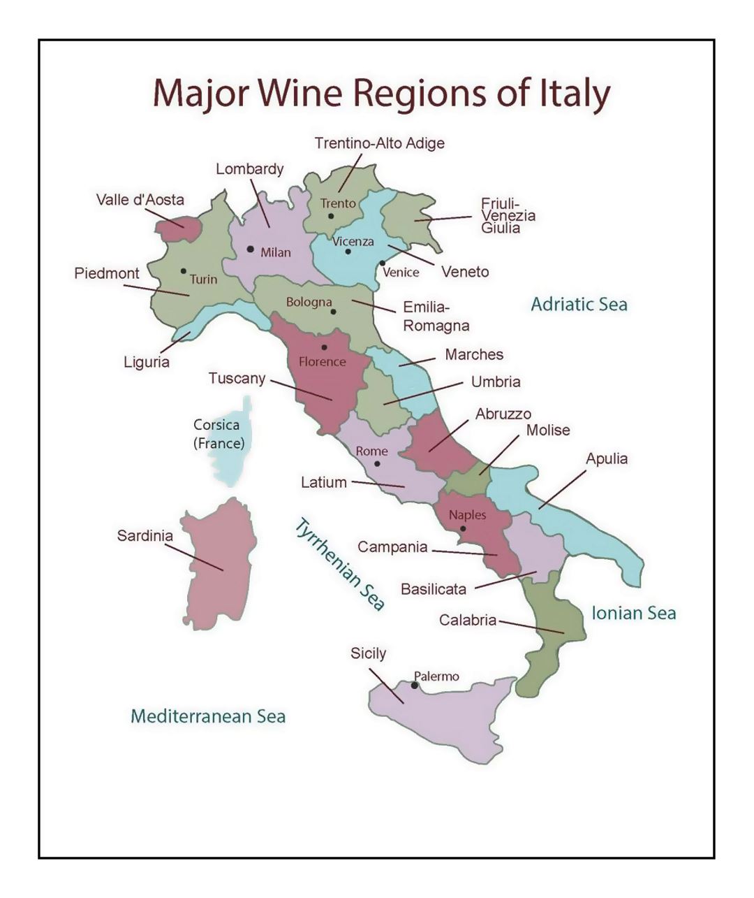 Детальная карта крупных винных регионов Италии