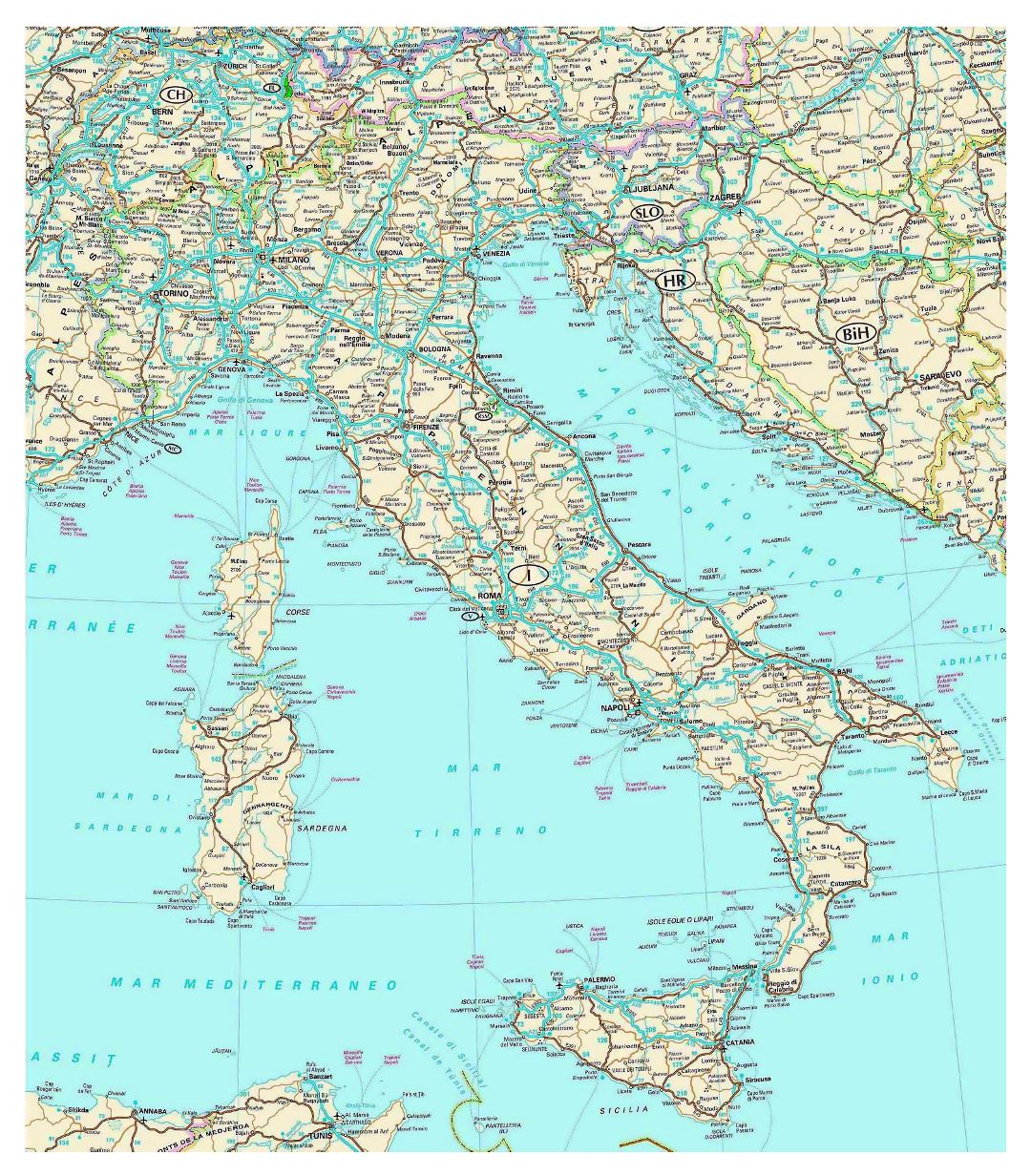 Детальная карта дорог Италии с городами