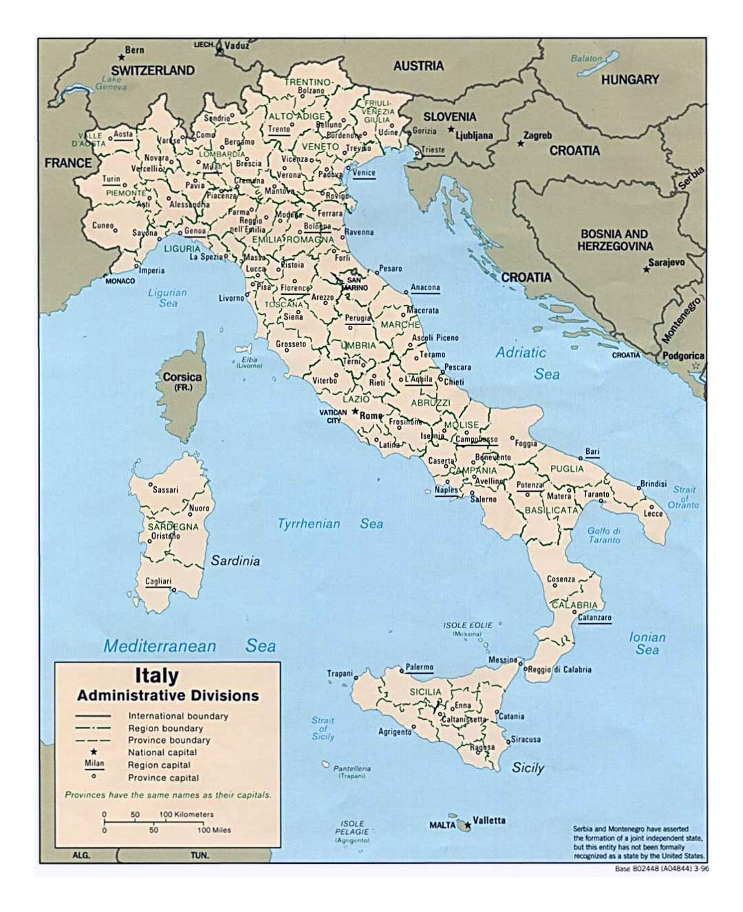 Большая карта  административных делений Италии - 1996