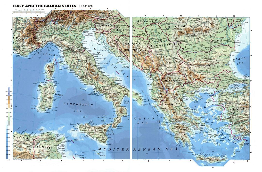 Большая детальная физическая карта Италии и Балканских государств с дорогами и крупными городами