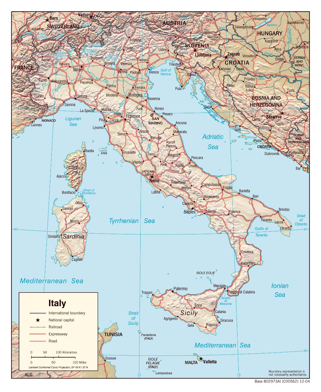 Большая детальная политическая карта Италии с рельефом, дорогами и крупными городами - 2006