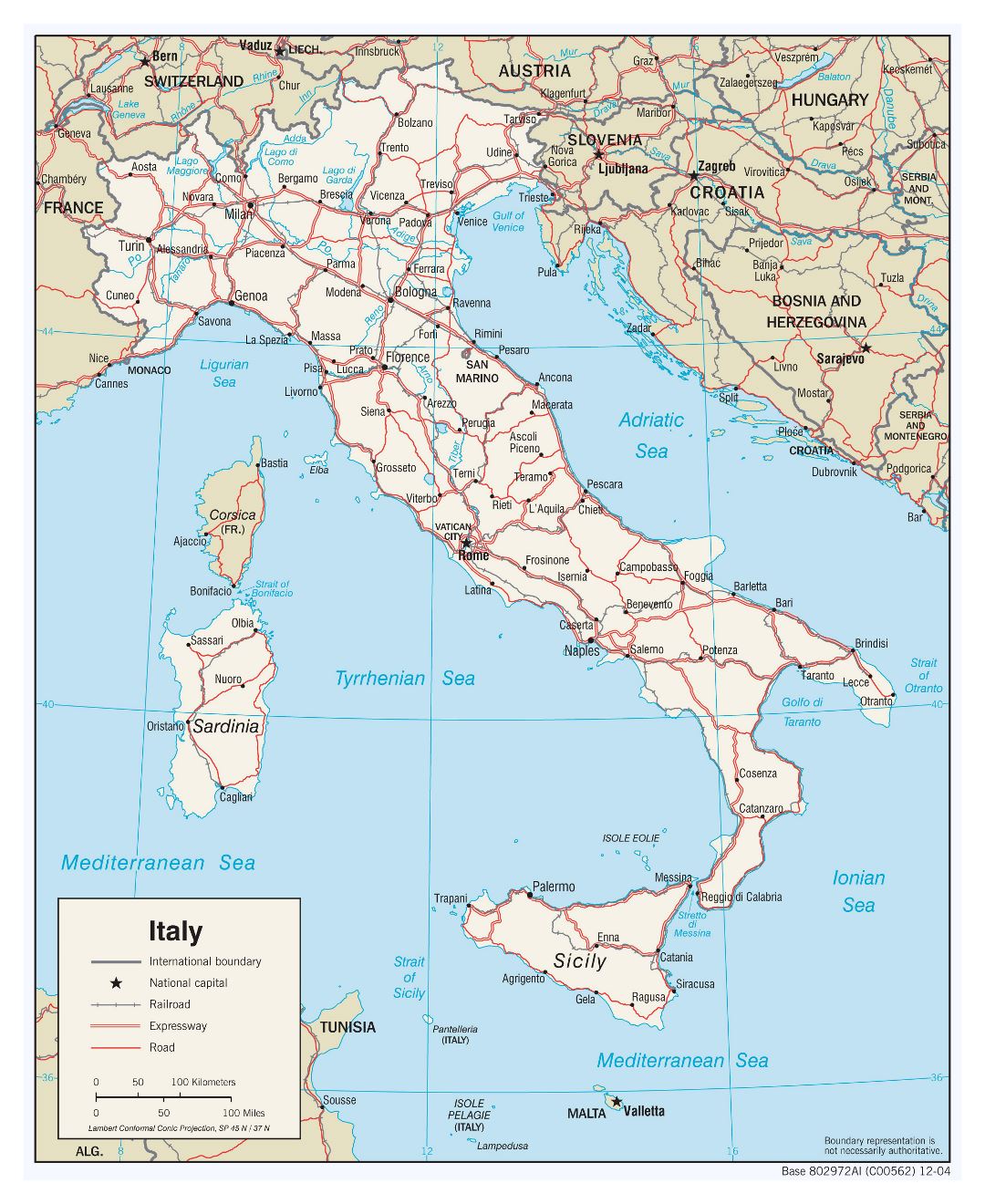 Большая детальная политическая карта Италии с дорогами и крупными городами - 2006