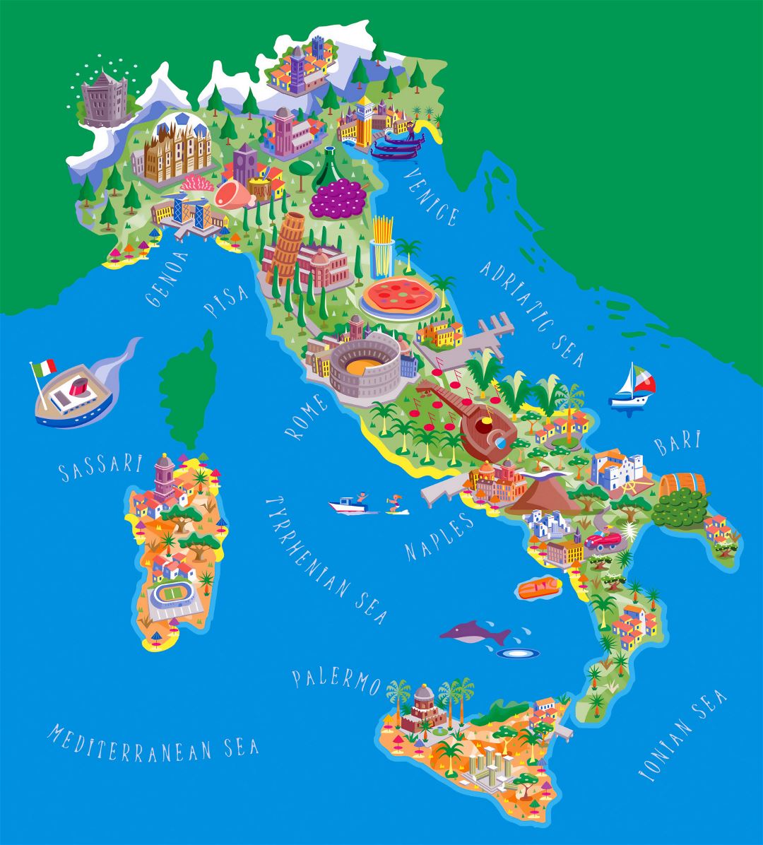 Большая детальная туристическая иллюстрированная карта Италии