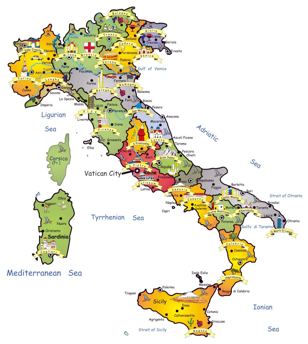 Большая детальная туристическая карта Италии