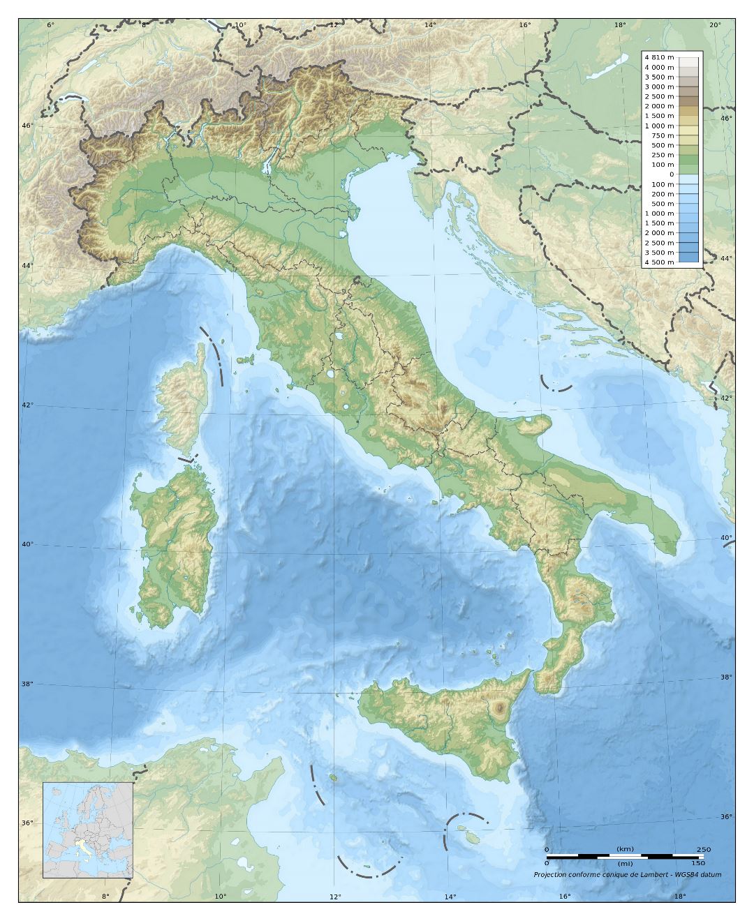 Большая физическая карта Италии