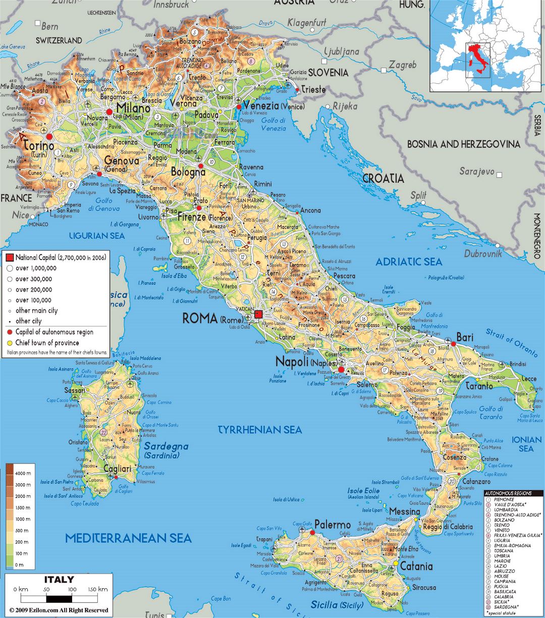 Большая физическая карта Италии с дорогами, городами и аэропортами