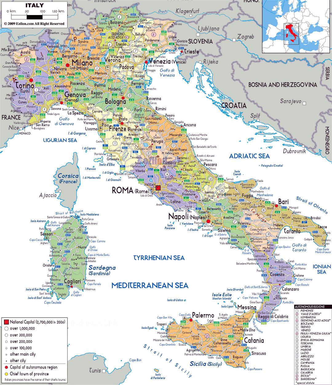 Большая политическая и административная карта Италии с дорогами, городами и аэропортами