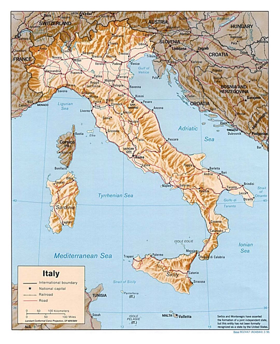 Большая политическая карта Италии с рельефом, дорогами, железными дорогами и крупными городами - 1996