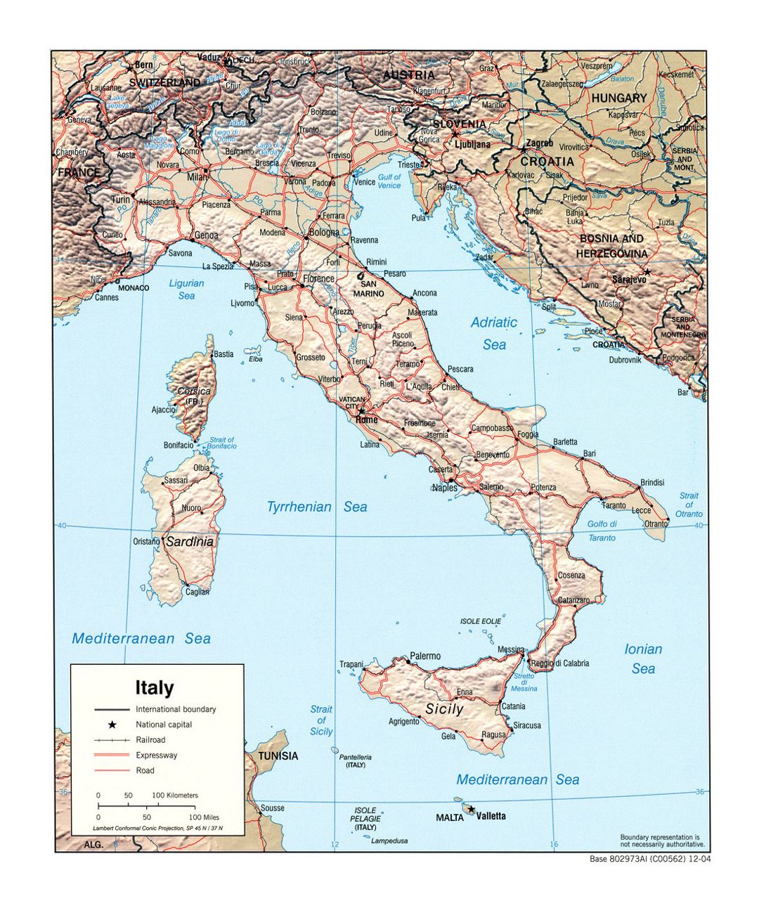 Большая политическая карта Италии с рельефом, дорогами, железными дорогами и крупными городами - 2004