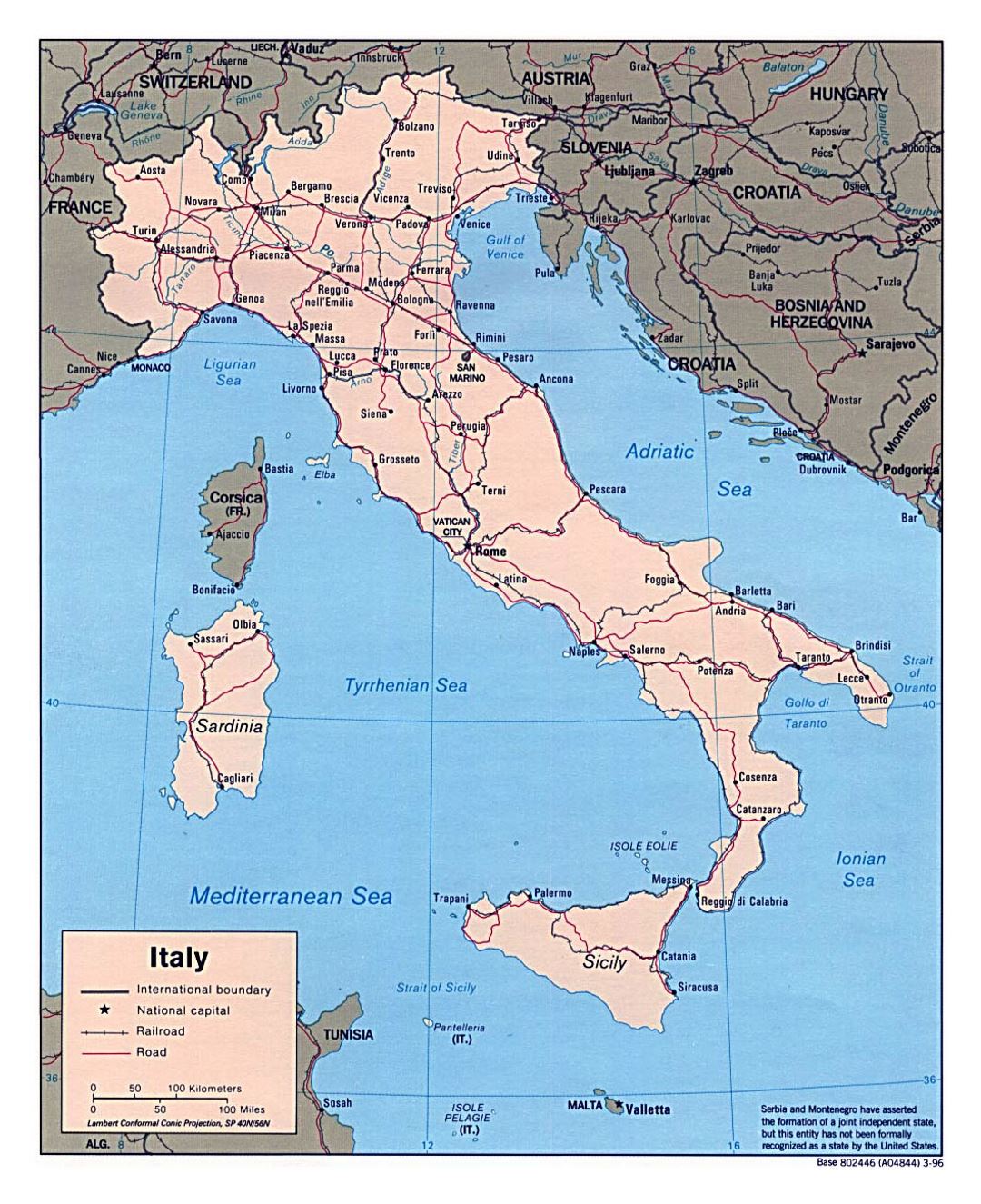 Большая политическая карта Италии с дорогами, железными дорогами и крупными городами - 1996