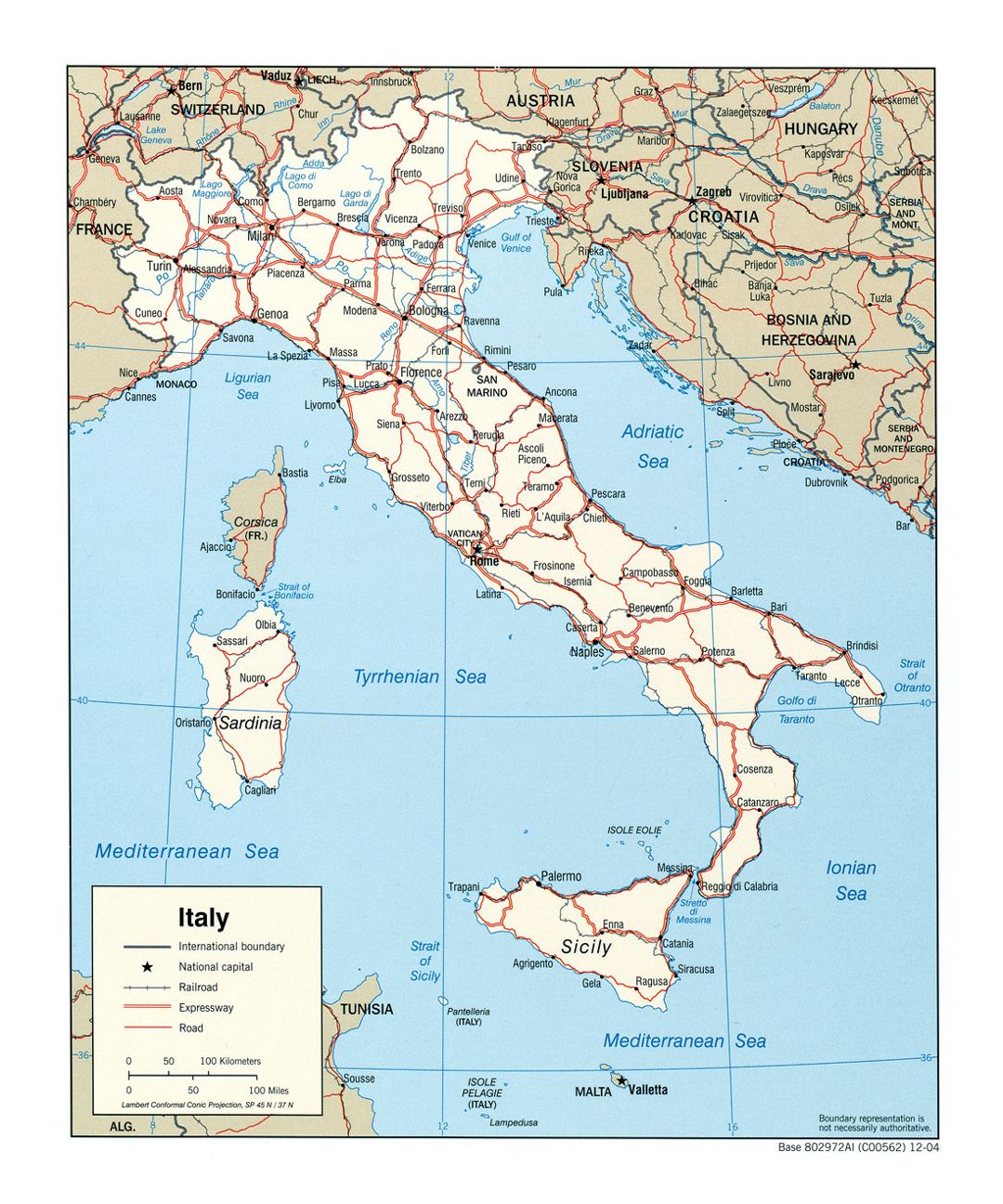 Большая политическая карта Италии с дорогами, железными дорогами и крупными городами - 2004