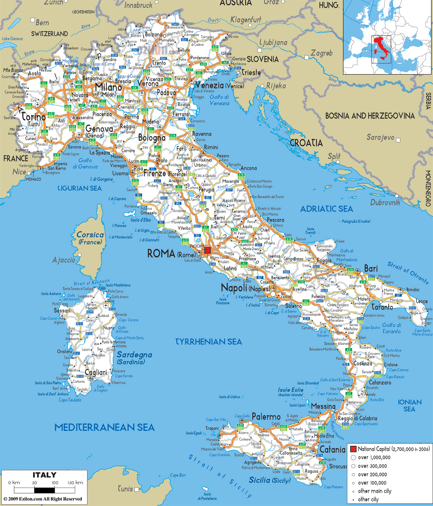 Большая карта дорог Италии с городами и аэропортами