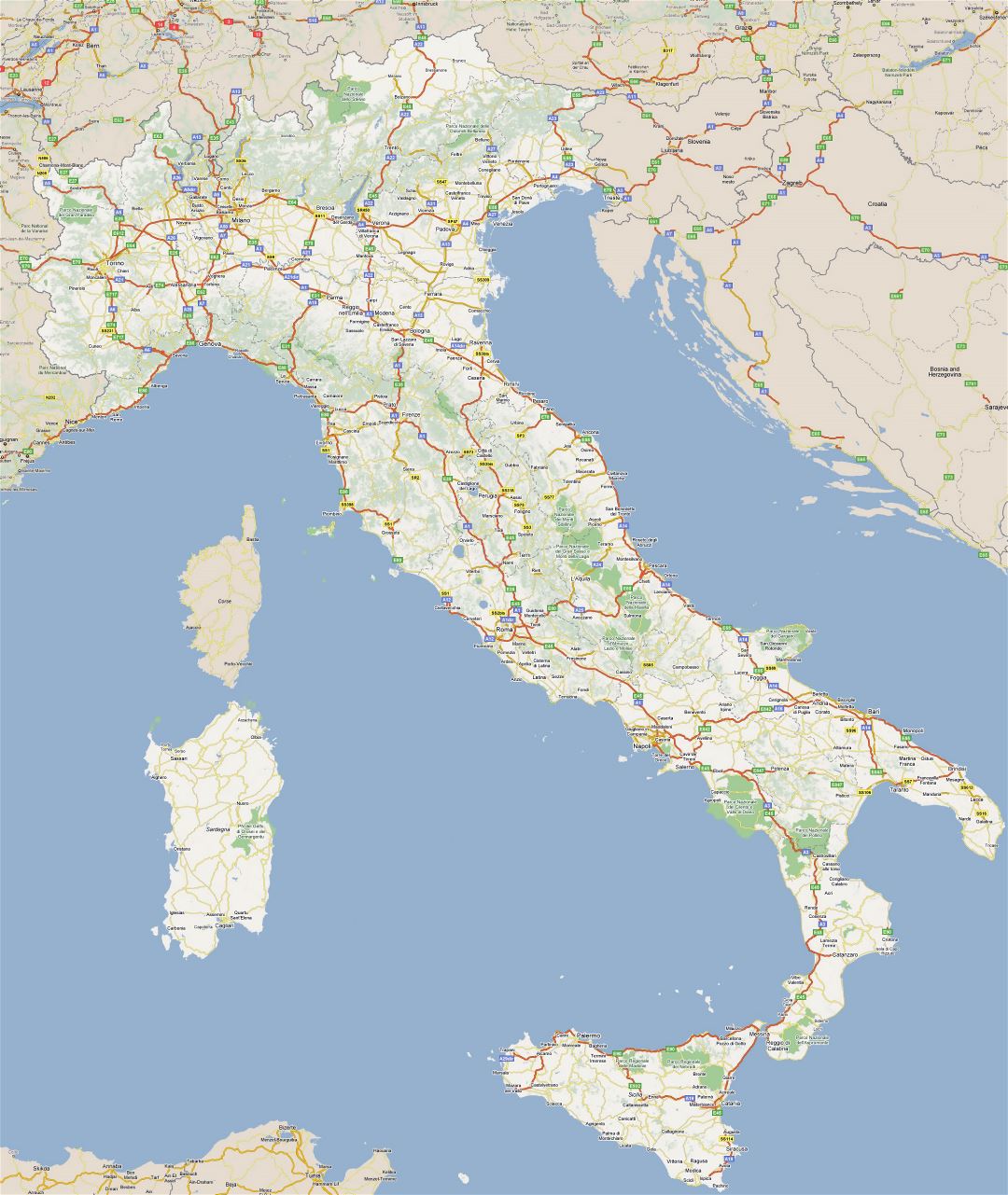 Большая карта дорог Италии с городами