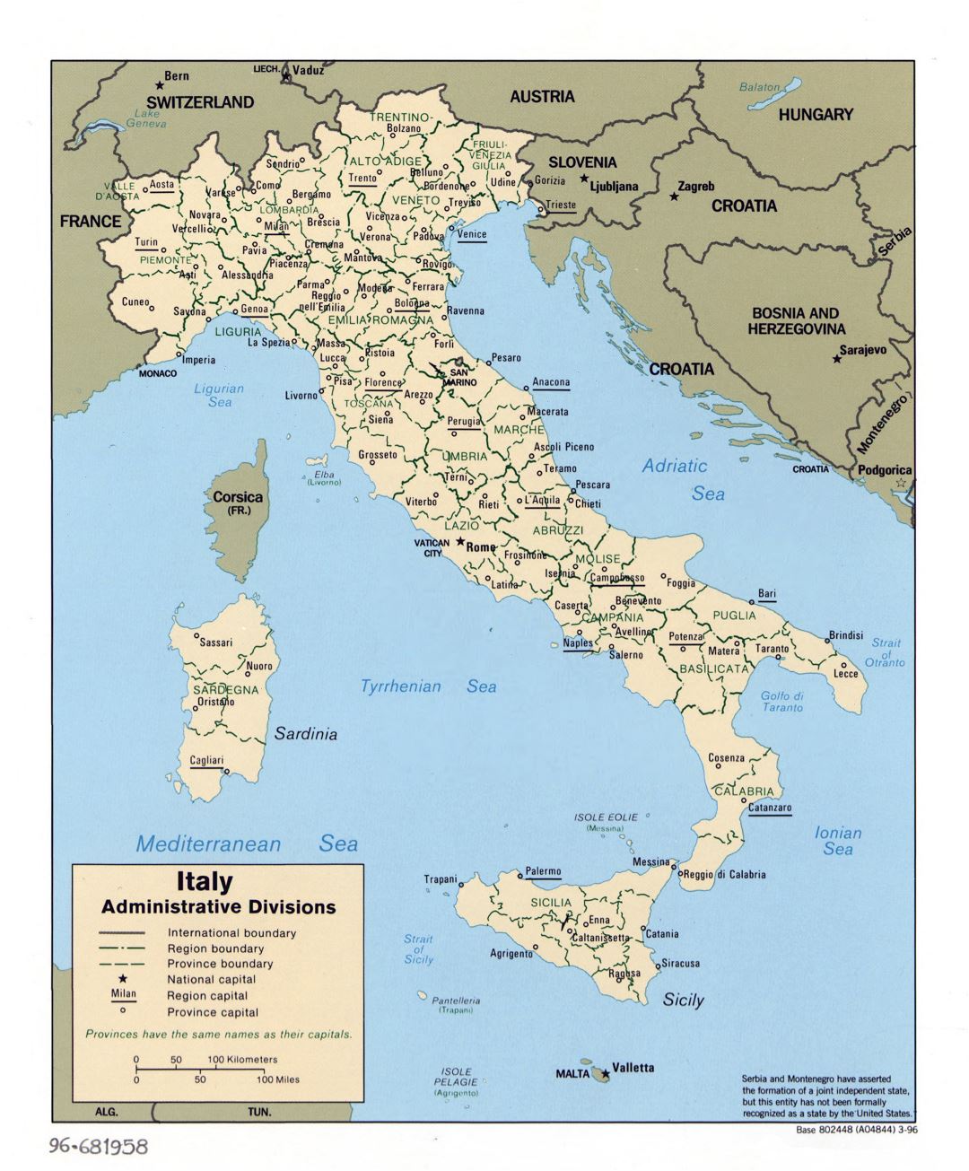 Крупномасштабная карта административных делений Италии - 1996