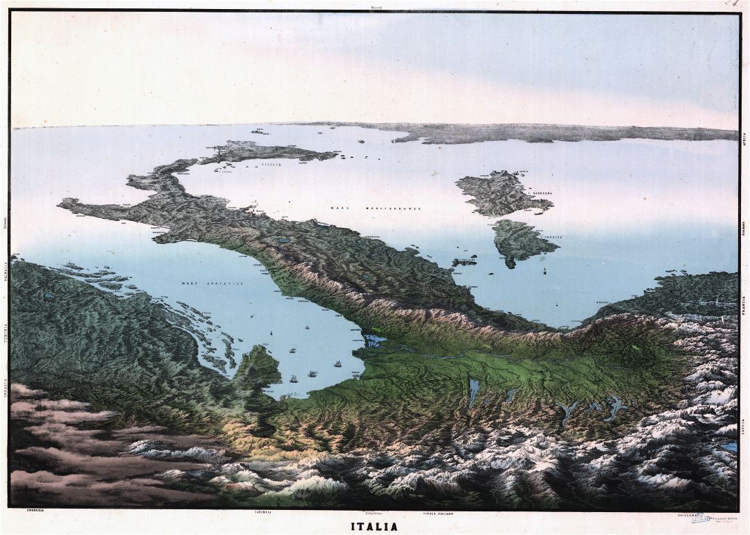 Крупномасштабная старая иллюстрированная панорамная карта Италии - 18 ст