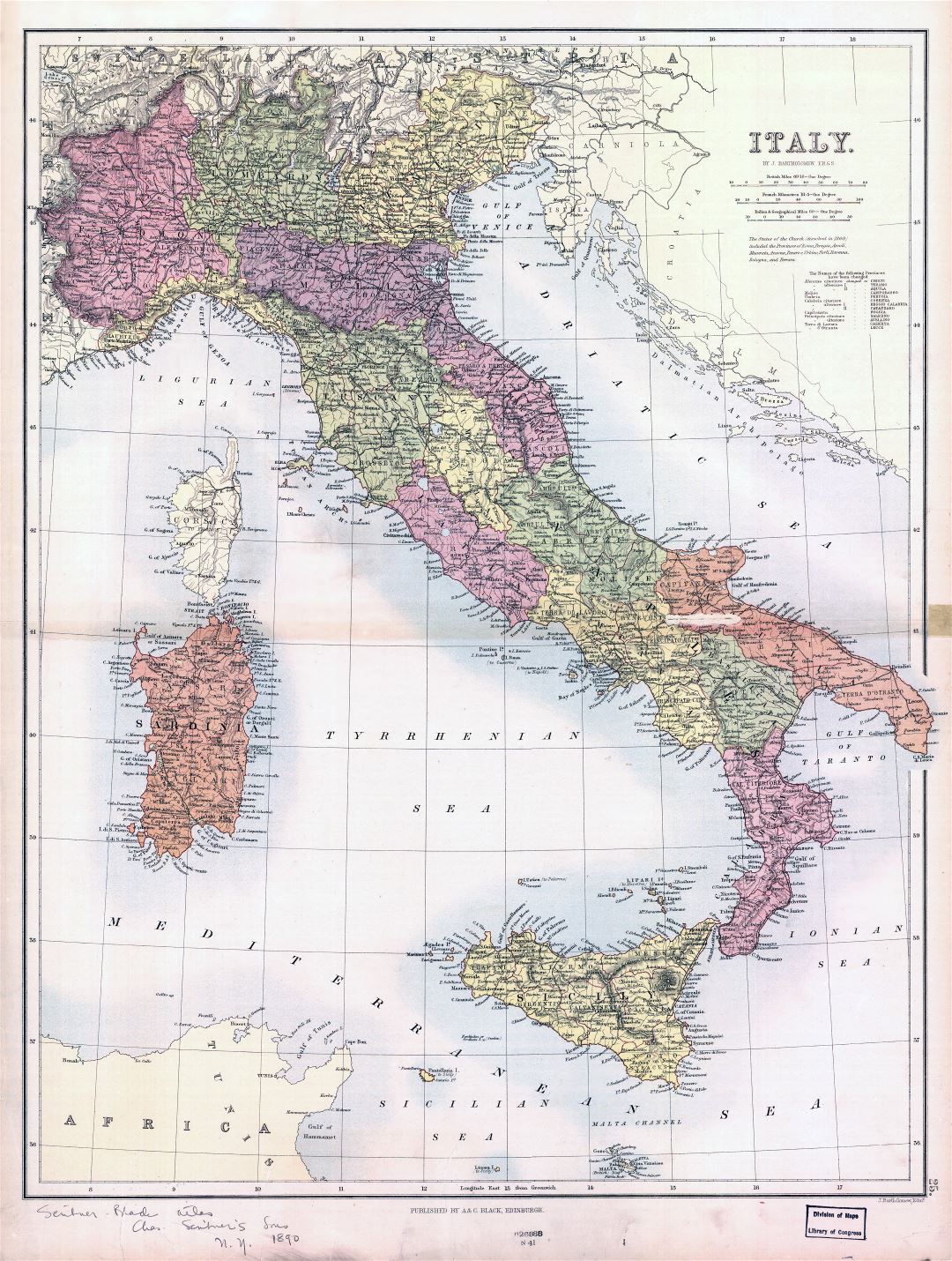 Крупномасштабная старая политическая и административная карта Италии - 1890