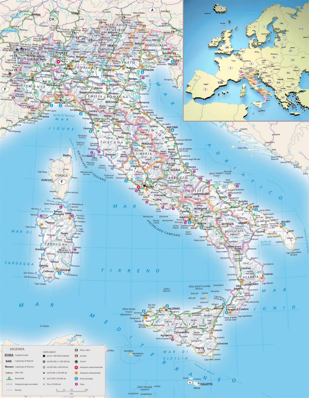 Крупномасштабная политическая и административная карта Италии с рельефом, дорогами, городами, портами, аэропортами и другими пометками
