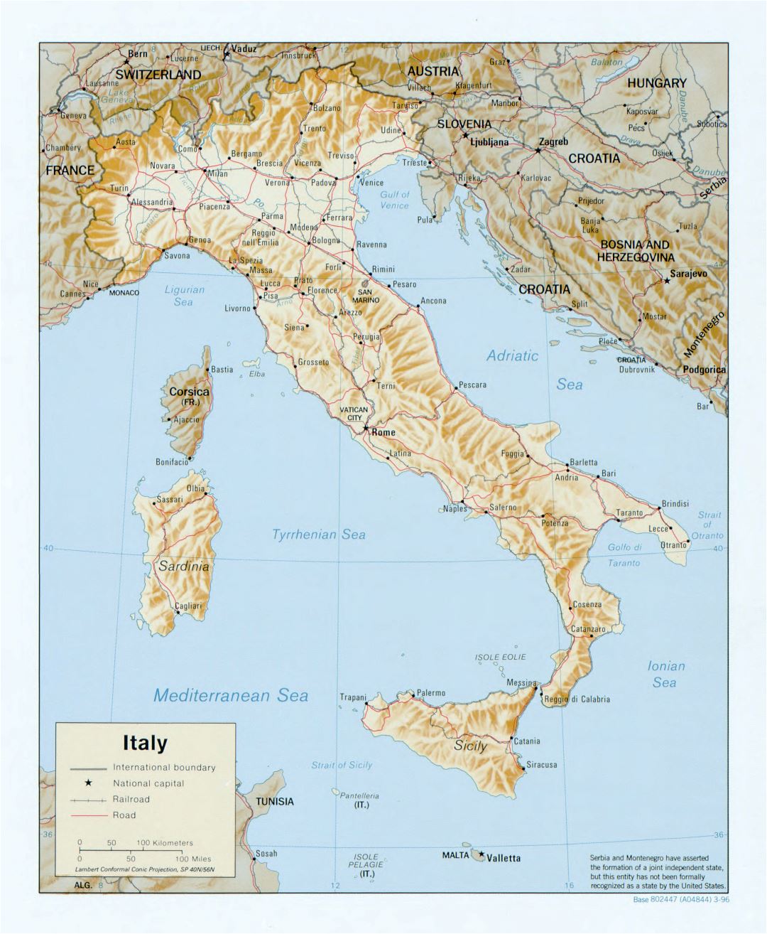 Крупномасштабная политическая карта Италии с рельефом, дорогами, железными дорогами и крупными городами - 1996