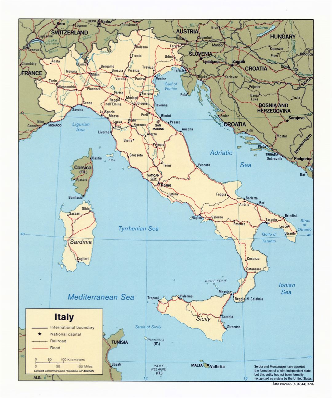 Крупномасштабная политическая карта Италии с дорогами, железными дорогами и крупными городами - 1996