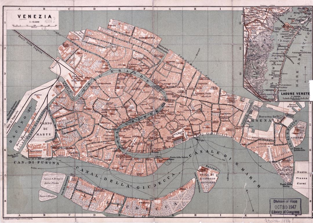 Большая детальная старая карта города Венеции - 1886