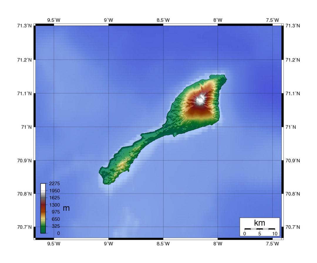 Детальная физическая карта острова Ян-Майен