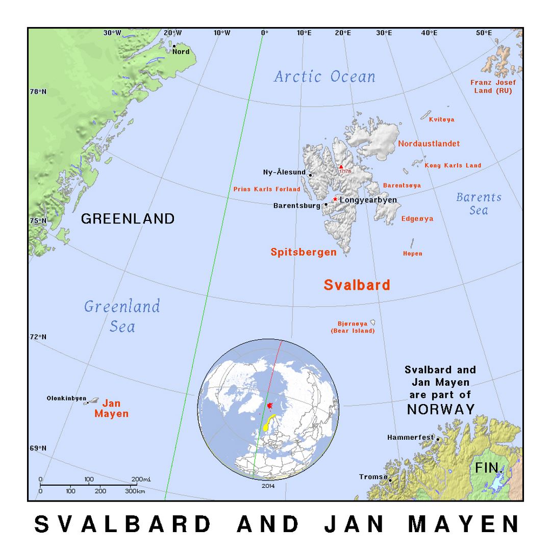 Детальная политическая карта острова Свальбард и Ян-Майен с рельефом