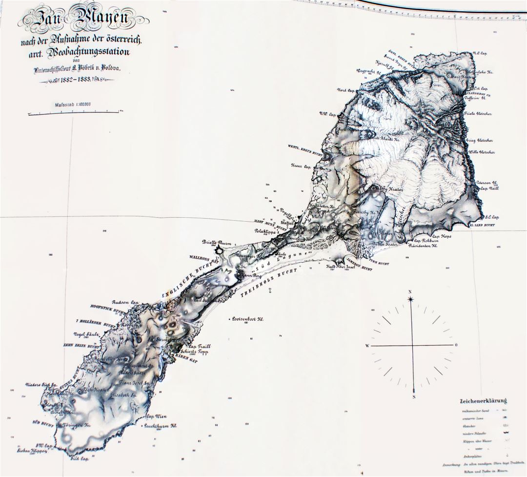 Большая детальная старая карта острова Ян-Майен с рельефом - 1884