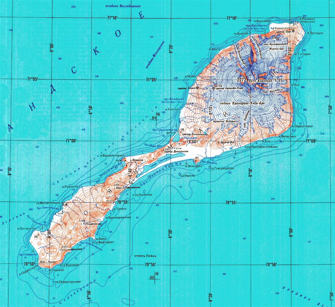 Большая детальная топографическая карта острова Ян-Майен на русском языке