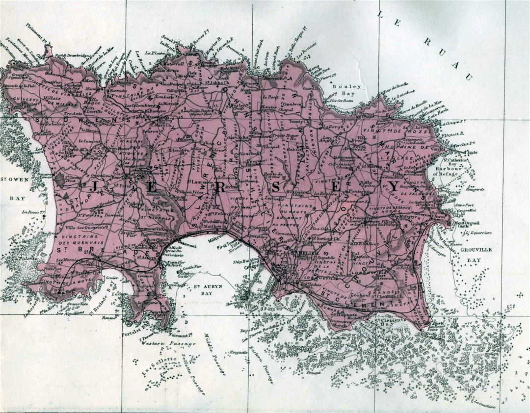 Большая старая карта дорог острова Джерси с городами и деревнями