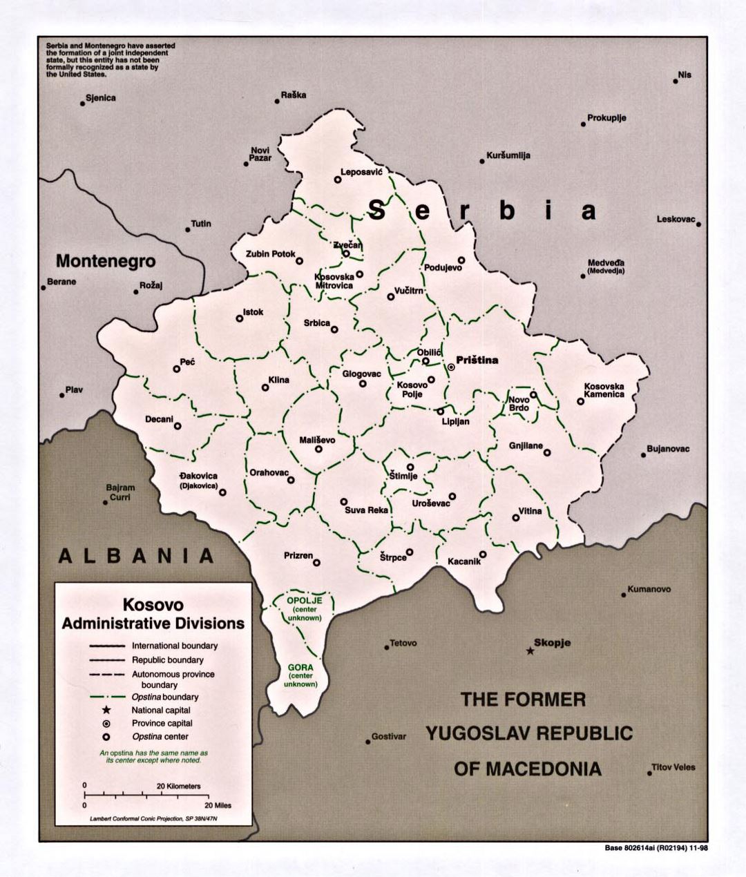 Детальная карта административных делений Косово - 1998