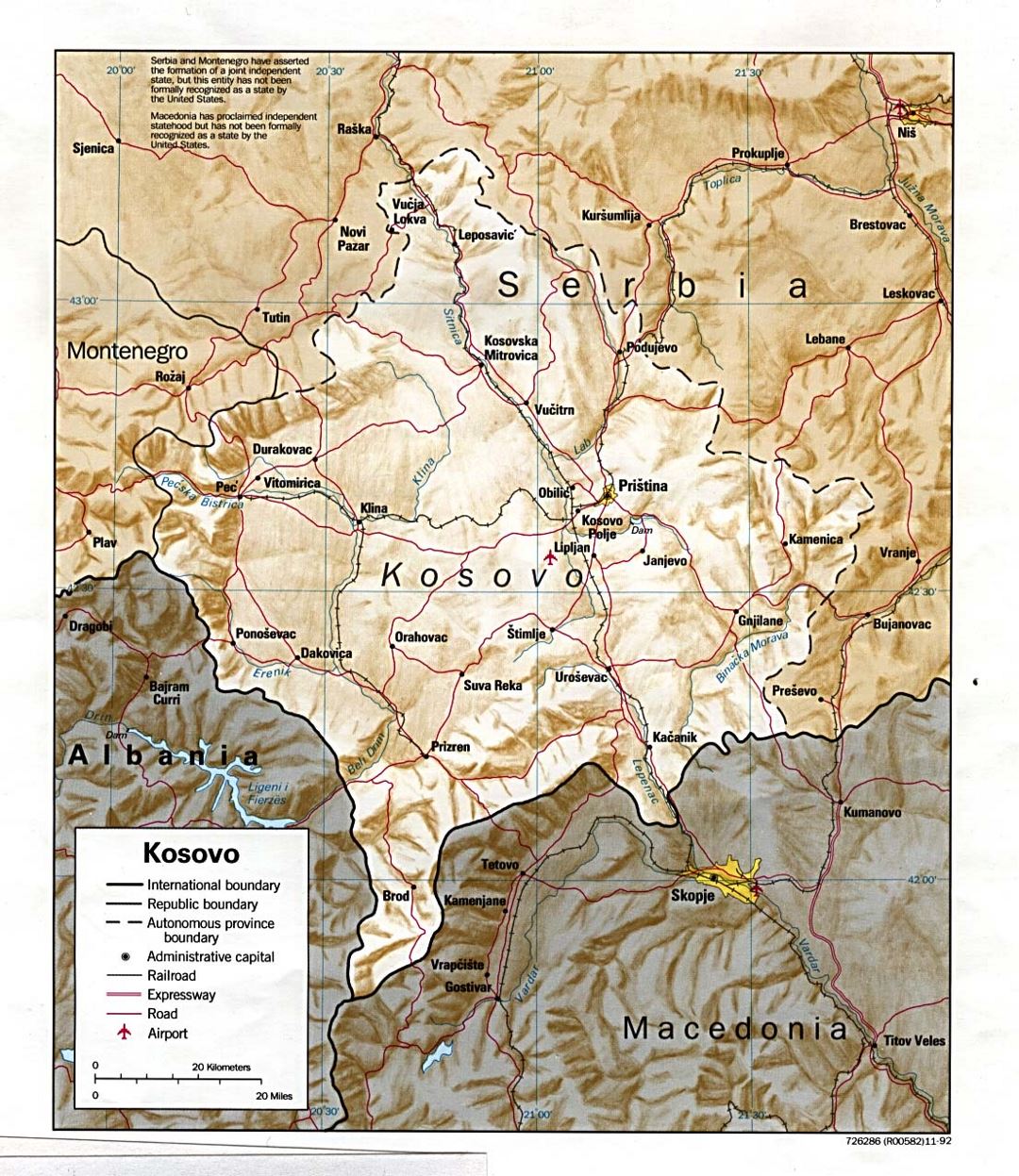 Детальная политическая карта Косово с рельефом, дорогами, железными дорогами, городами и аэропортами - 1992