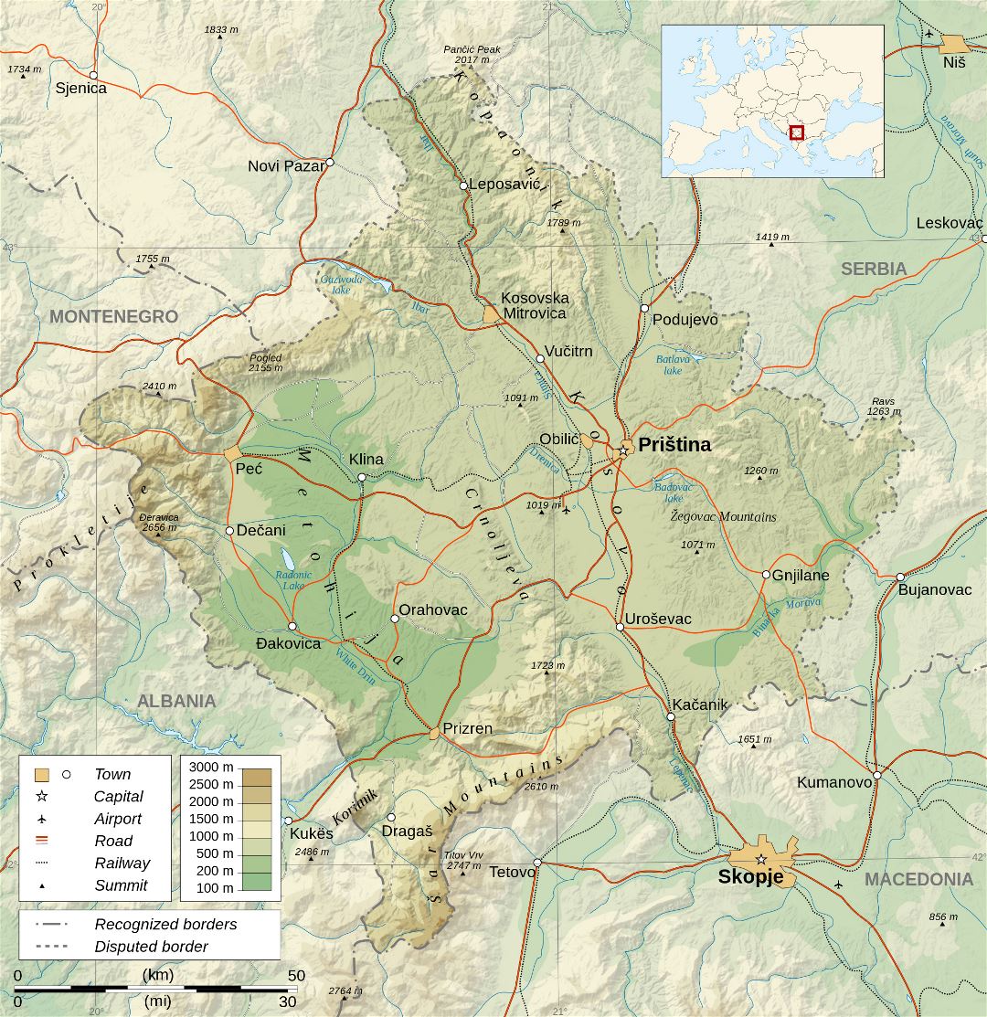 Большая детальная физическая карта Косово