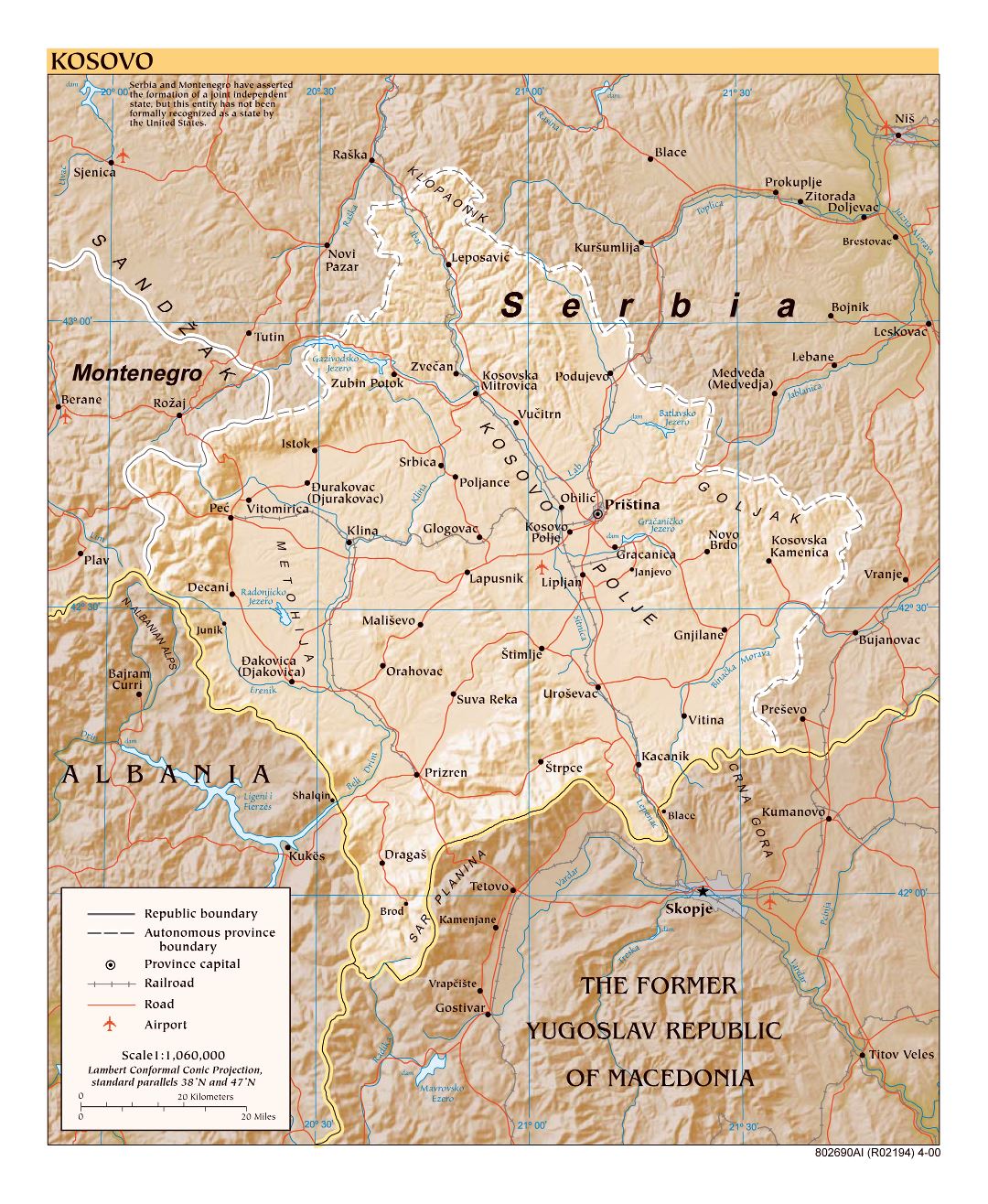 Большая детальная политическая карта Косово с рельефом, дорогами, железными дорогами, городами и аэропортами - 2000