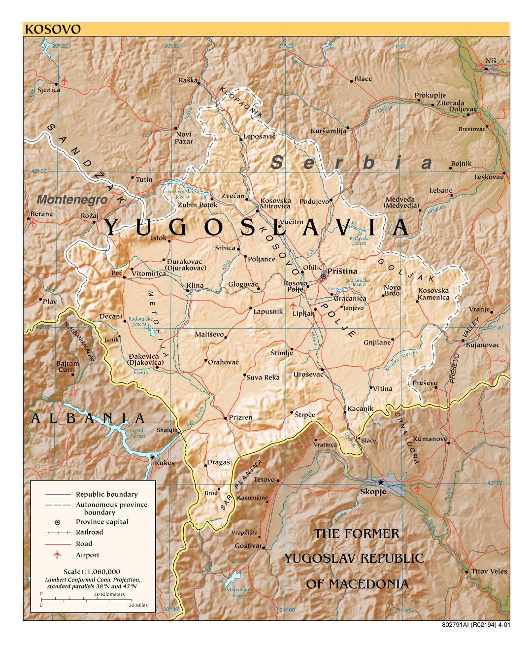 Большая детальная политическая карта Косово с рельефом, дорогами, железными дорогами, городами и аэропортами - 2001