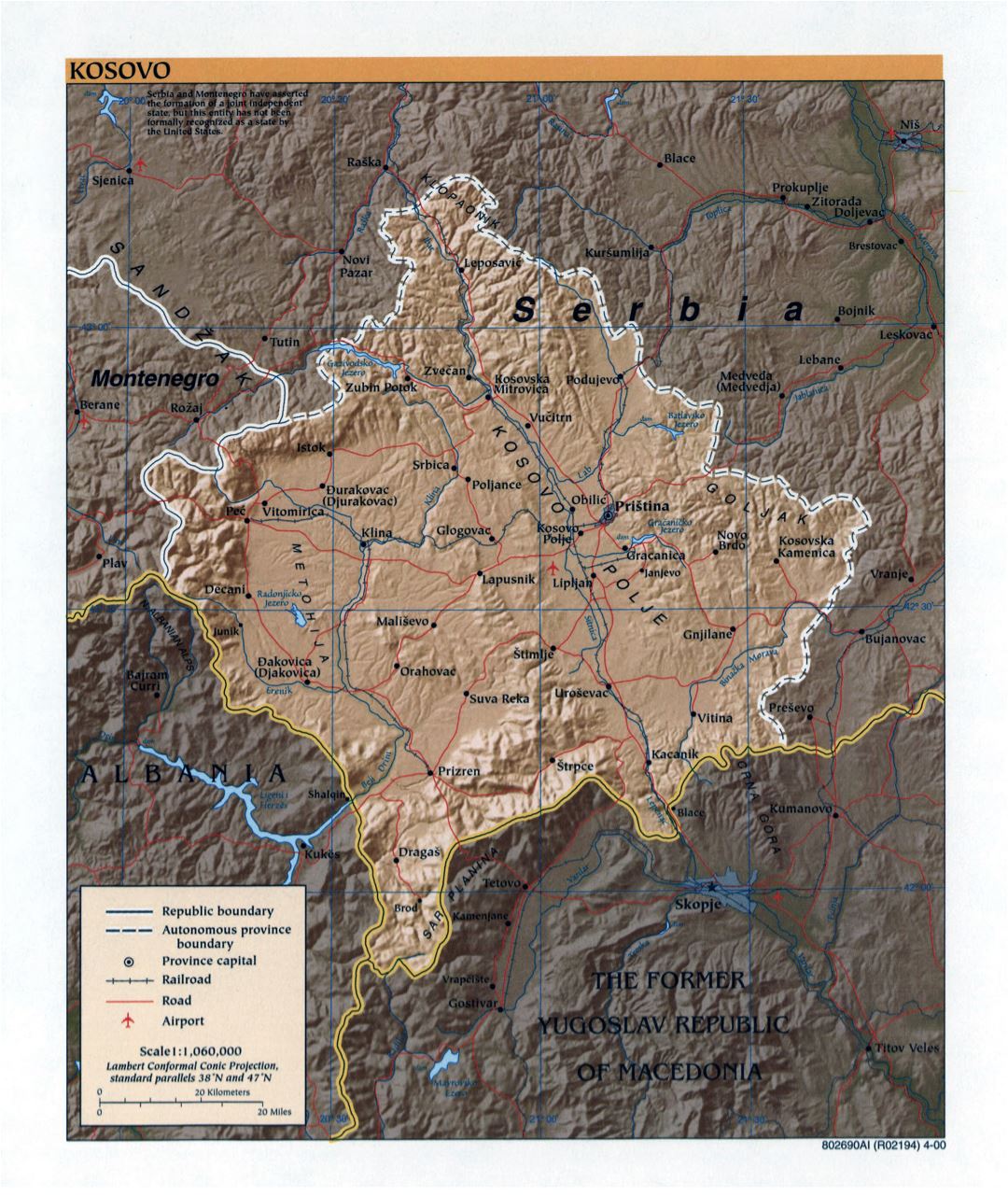 Большая детальная политическая карта Косово с рельефом, дорогами, железными дорогами, крупными городами и аэропортами - 2000