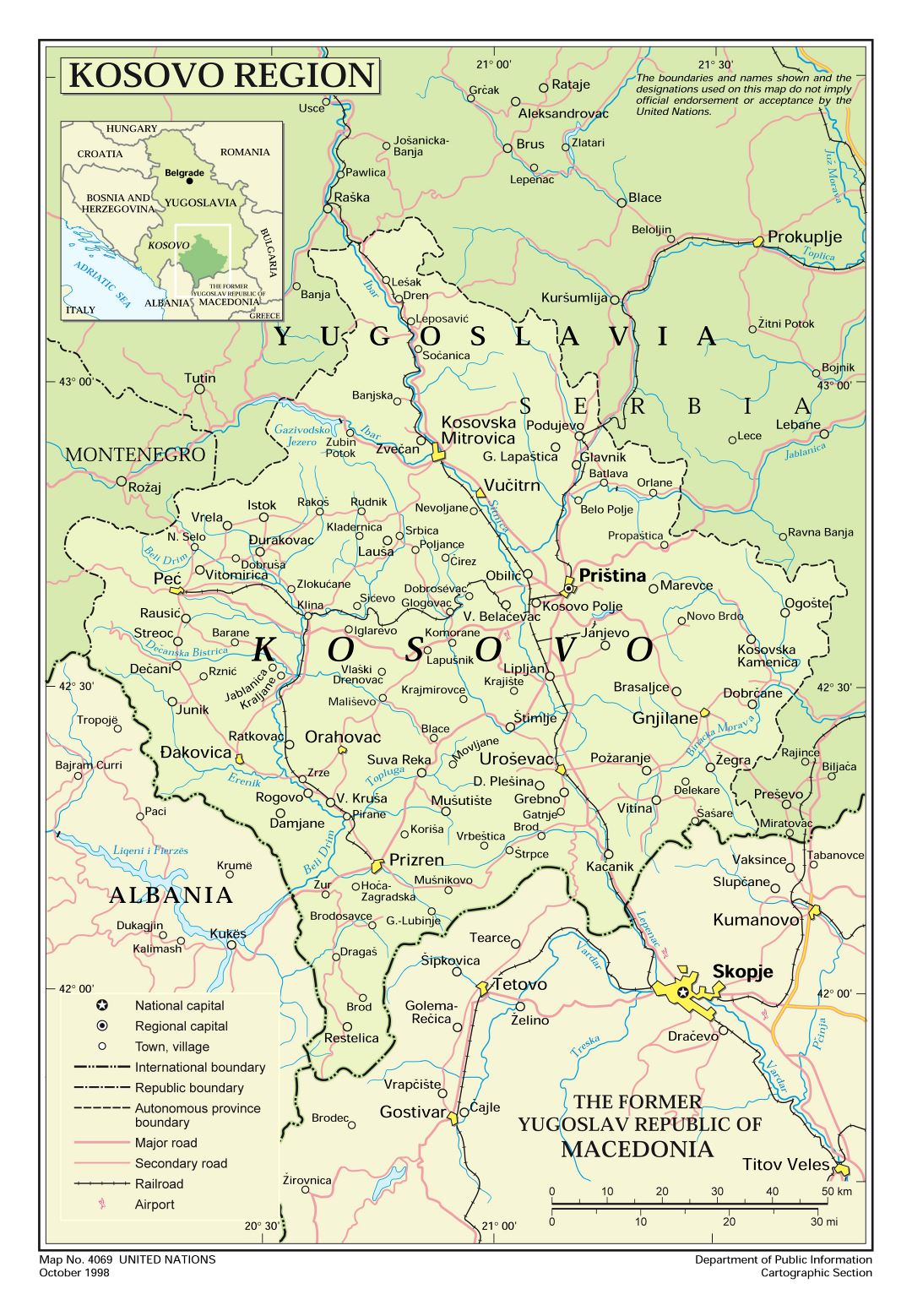 Большая детальная политическая карта Косово с дорогами, железными дорогами, городами и аэропортами - 1998