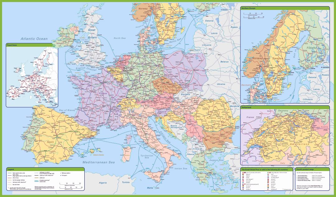 Большая подробная карта железных дорог Европы