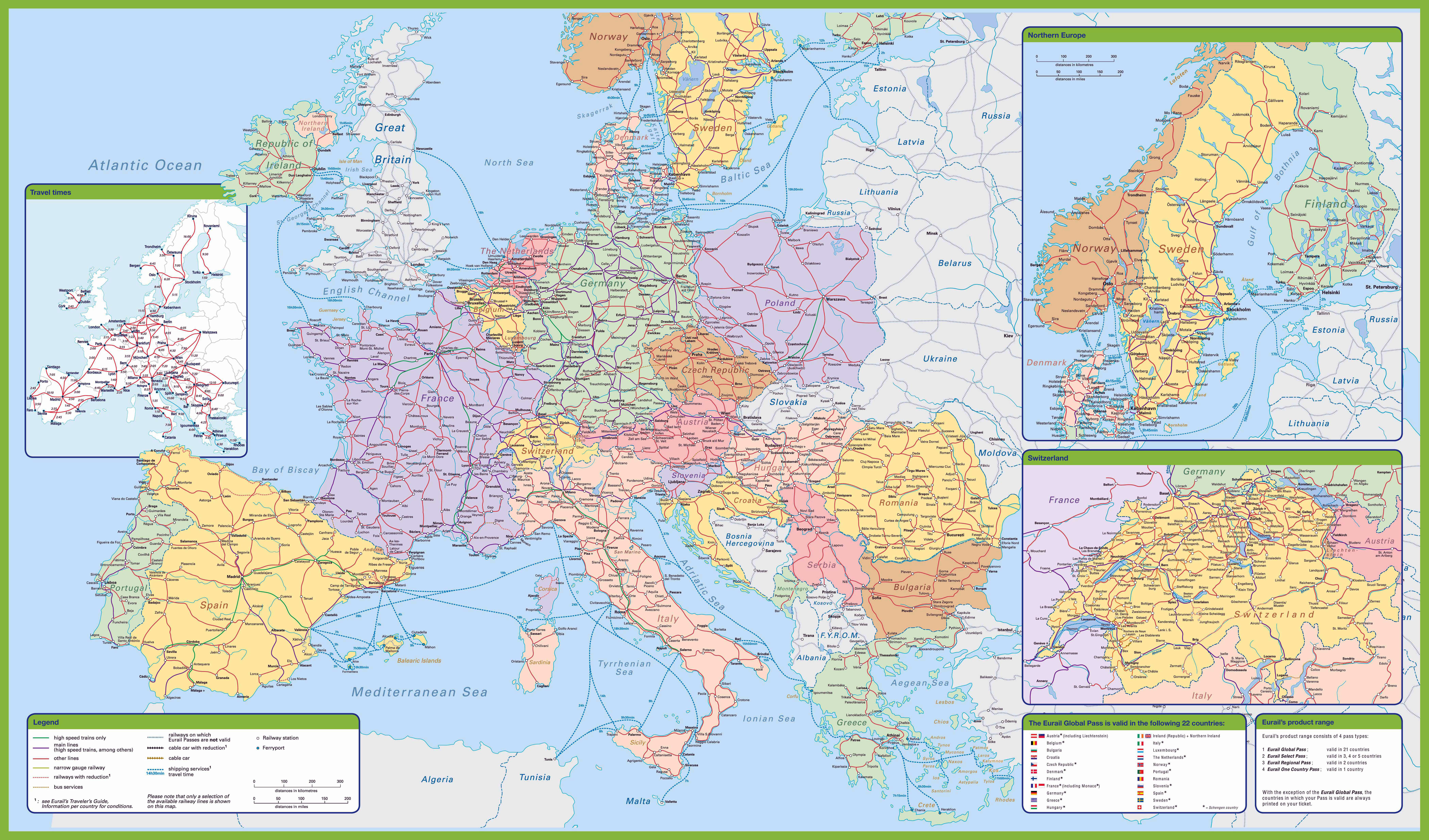 Большая подробная карта железных дорог Европы