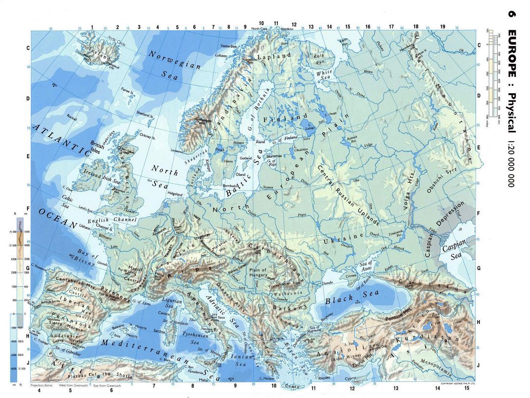 Большая подробная физическая карта Европы