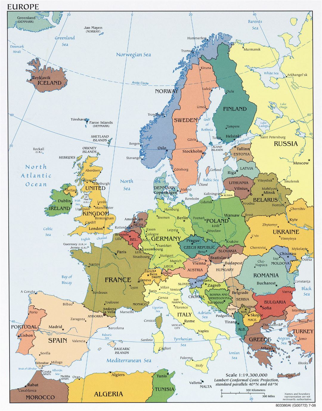 Большая подробная политическая карта Европы со столицами и крупными городами - 2008