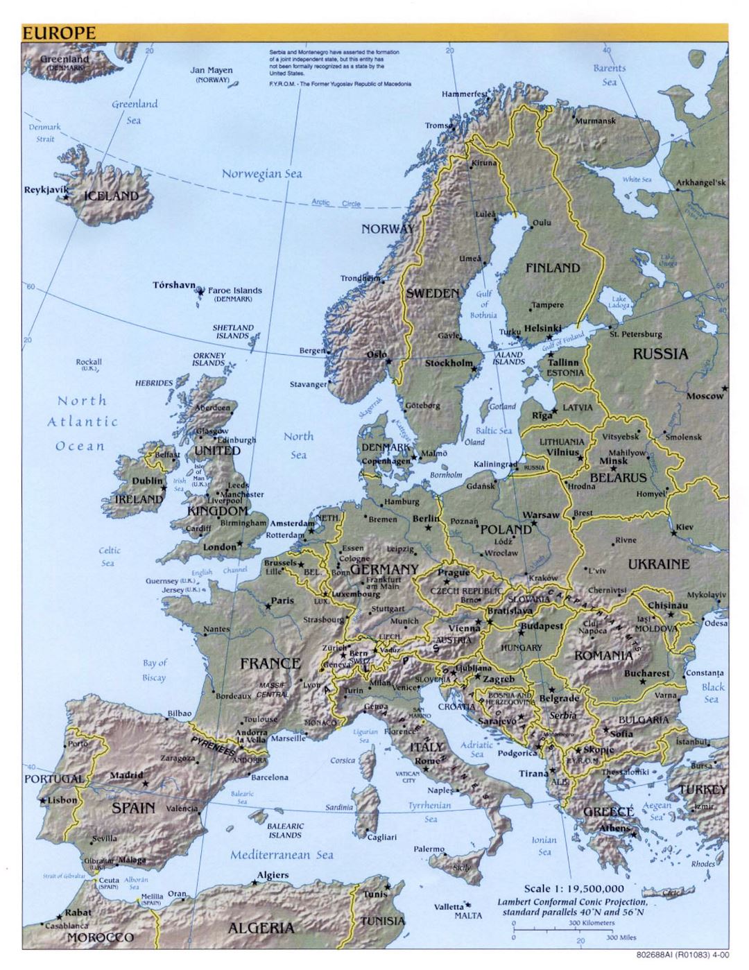 Большая подробная политическая карта Европы с рельефом, столицами и крупными городами - 2000