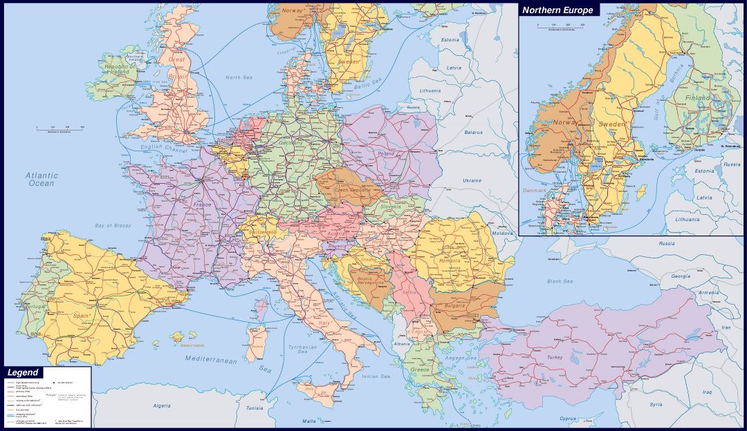 Большая карта железнодорожных сообщений Европы