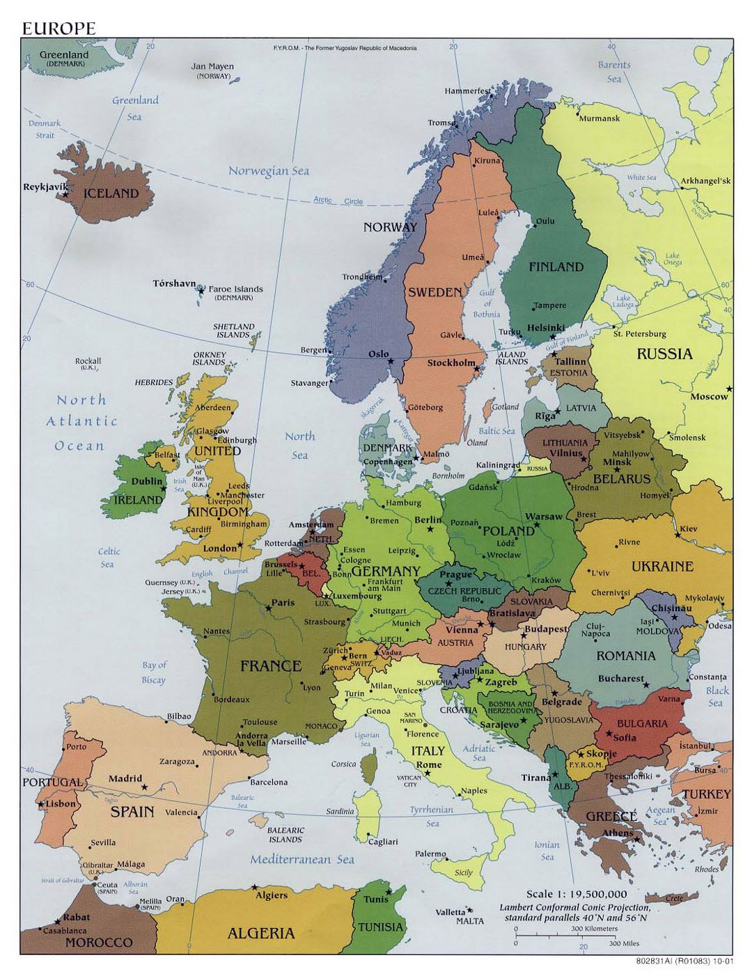 Большая политическая карта Европы со столицами - 2001
