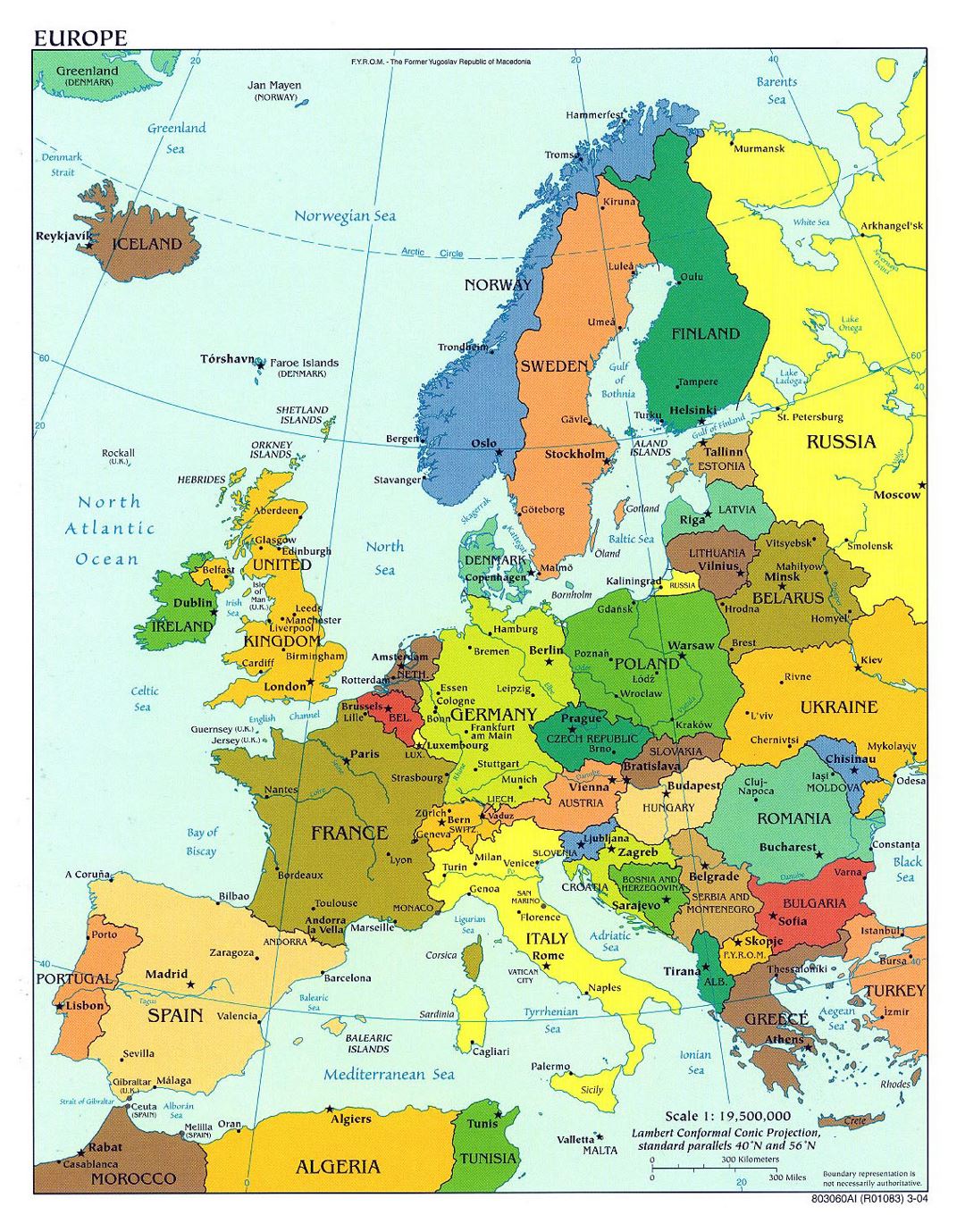 Большая политическая карта Европы со столицами и крупными городами - 2004