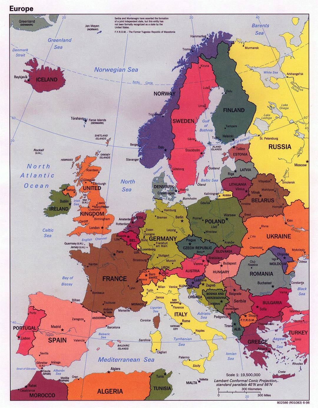 Большая политическая карта Европы с крупными городами 1998 года